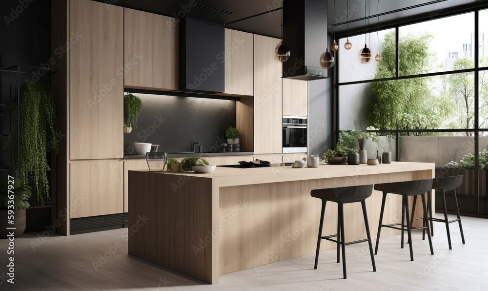 Fototapeta premium a kitchen with a large window and a bar with stools. generative ai