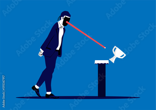 Imposter syndrome concept. A man in a mask knocks over a cup with a long Pinocchio nose. Vector.