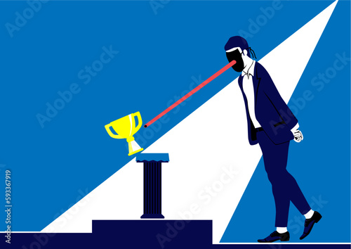 Imposter syndrome concept. A man in a mask knocks over a cup with a long Pinocchio nose. Vector.
