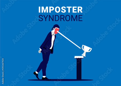 Imposter syndrome concept. A man in a mask knocks over a cup with a long Pinocchio nose. Vector.