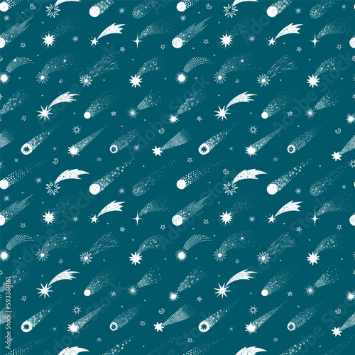 Cartoon sky background with white shooting stars on blue. Seamless space pattern with comets. Can be used for wallpaper, pattern fills, textile, web page background, surface textures.