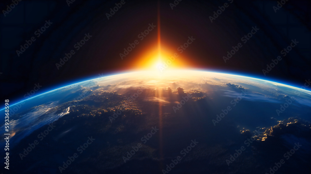 The sun rising over the earth is visible from space