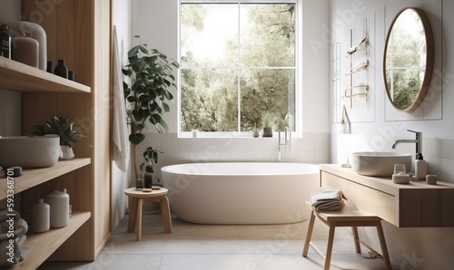  a bathroom with a tub  sink  and a window.  generative ai