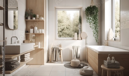  a bathroom with a tub, sink, mirror and shelves.  generative ai © Anna