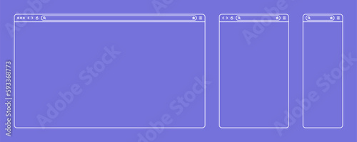 Blank web browser, internet page window with toolbar and search field. Modern website in flat style, line art. Browser mockup for computer, tablet and smartphone. Vector illustration
