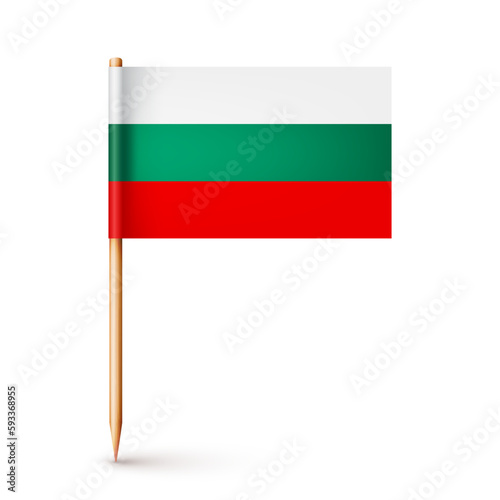 Bulgarian toothpick flag. Souvenir from Bulgaria. Wooden toothpick with paper flag. Location mark, map pointer. Blank mockup for advertising and promotions. Vector illustration