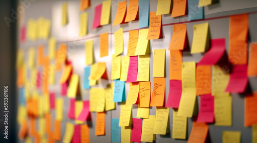 Bright and colorful post-its on a whiteboard, generative ai