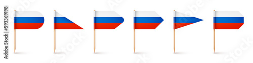 Realistic various Russian toothpick flags. Souvenir from Russia. Wooden toothpicks with paper flag. Location mark, map pointer. Blank mockup for advertising and promotions. Vector illustration