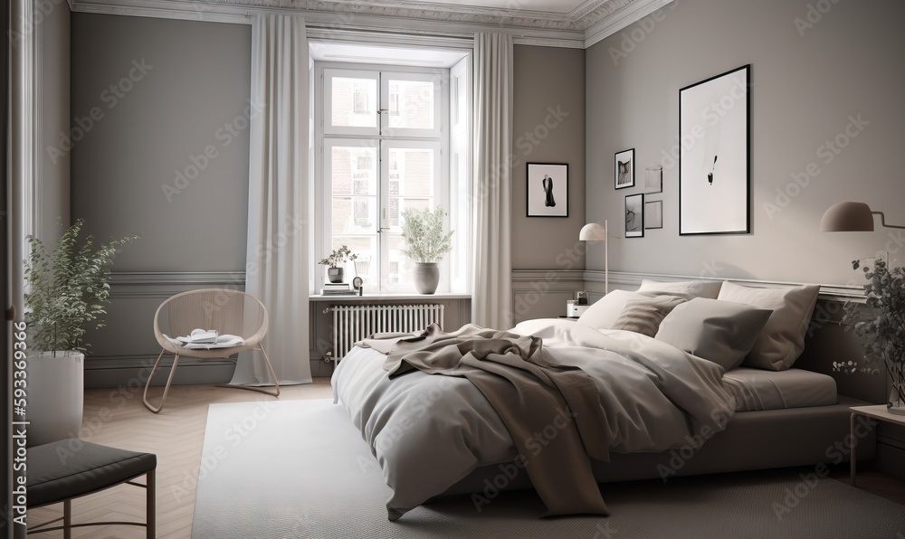 Fototapeta premium a bedroom with a bed, a chair, and a window. generative ai