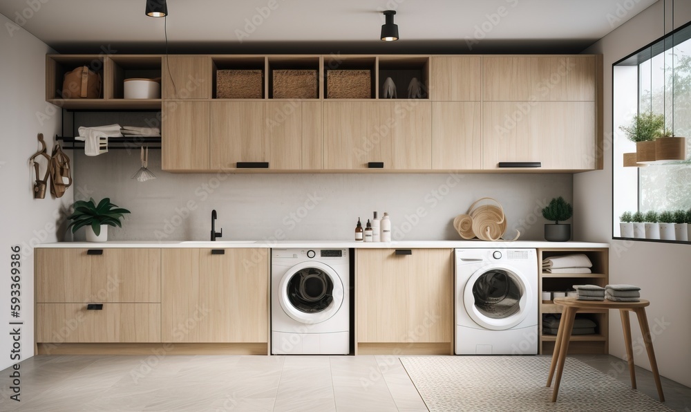 a washer and dryer in a room with wooden cabinets. generative ai a washer and dryer in a room with wooden cabinets. generative ai