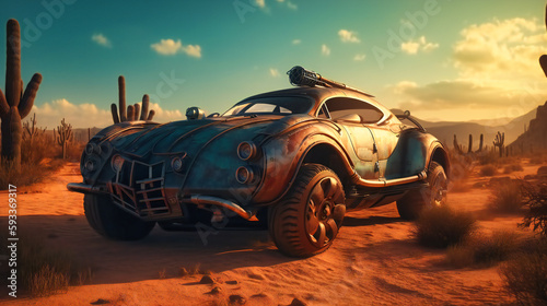 A futuristic car is parked in a desert © Rabbi