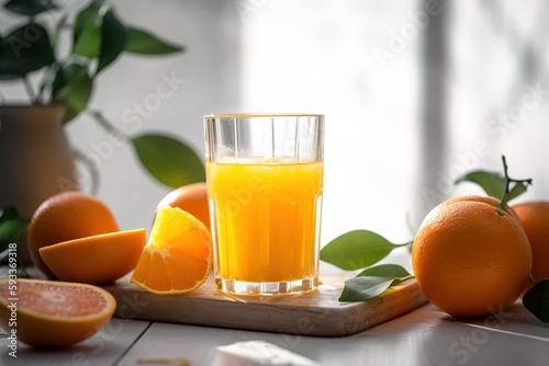 Glass of a fresh orange juice on a table surrounded with oranges. Generated ai.