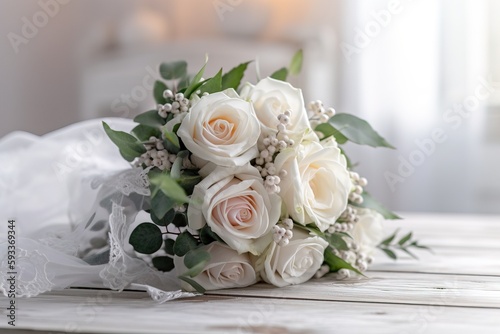 Photo Beautiful white roses bridal bouquet. Generated ai.