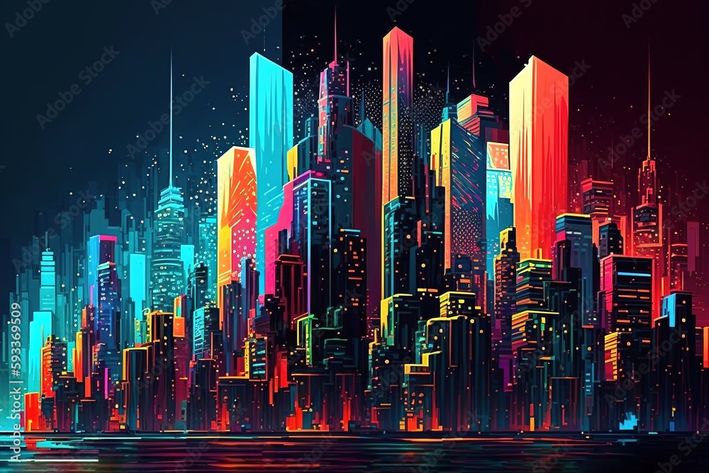 A colorful and vibrant abstract skyline of neon skyscrapers glowing at night, generative ai - obrazy, fototapety, plakaty 