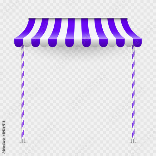 Violet shop sunshade with stand holders. Realistic striped cafe awning. Outdoor market tent. Roof canopy. Summer street store. Vector illustration