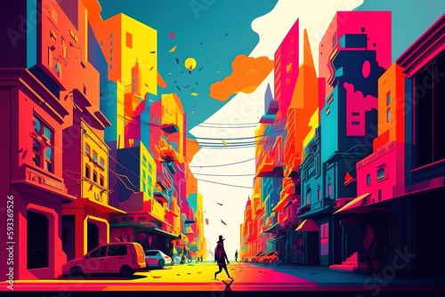 An abstract, colorful city street scene with a silhouette, generative ai