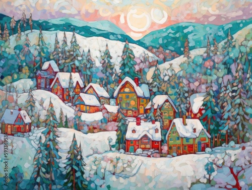 Winter landscape with houses and trees, watercolor painting of the house, christmas,  winter, Colourful illustration, Created using generative AI tools