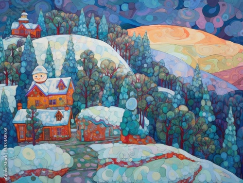 Winter Christmas illustration,  houses, celebrations. 