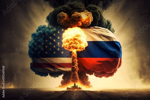A huge nuclear explosion with a Russian and a USA flag in it, representing the conflict between west and east, generative ai