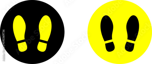 Yellow and Black Please Wait Here Thank You Social Distancing Round Floor Marking Sticker Icon with Footprint or Shoeprint. Vector Image.	
