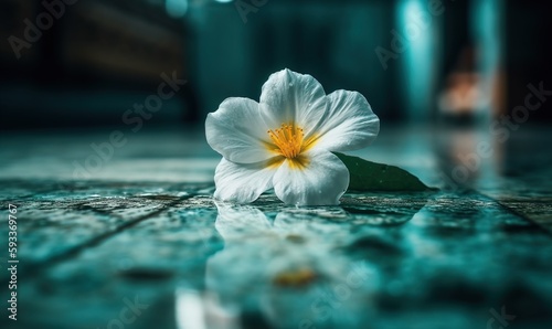  a white flower with a yellow center sitting on a tile floor. generative ai