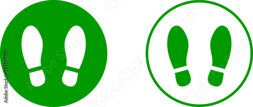 Green and White Please Wait Here Thank You Social Distancing Round Floor Marking Sticker Icon with Footprint or Shoeprint. Vector Image.	

