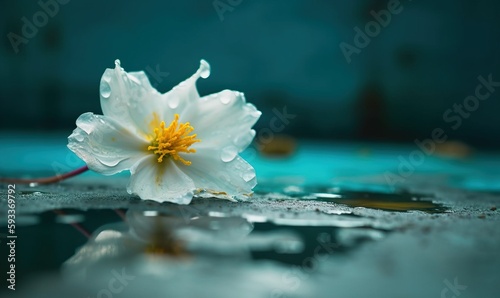  a white flower with yellow center sitting on a wet surface. generative ai