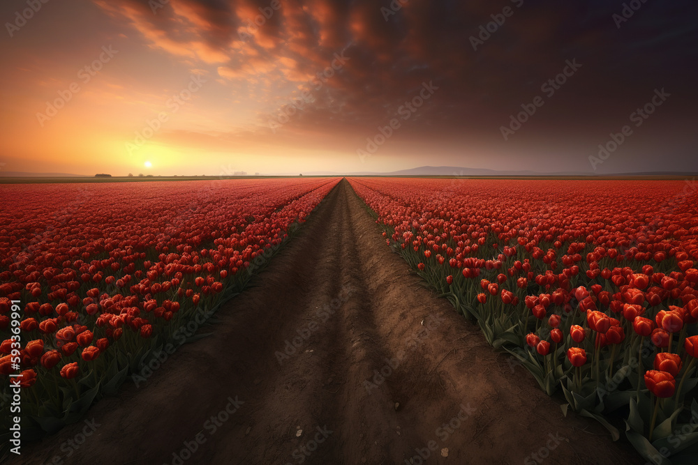 Fototapeta premium tulip field at sunset