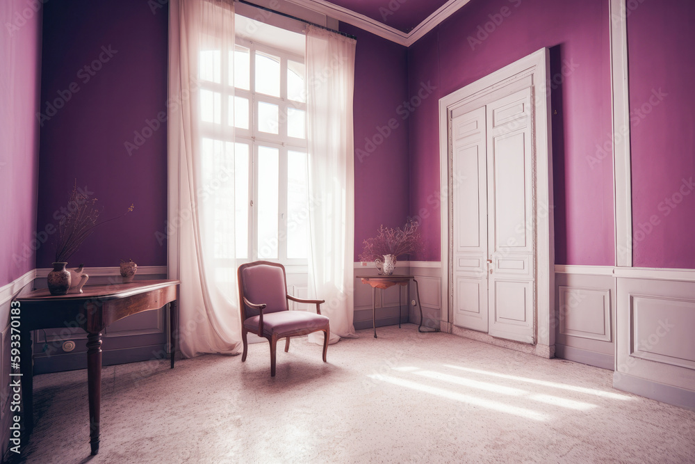 Fototapeta premium Classical style living room with purple walls, purple curtains, windows and furniture. High quality generative ai