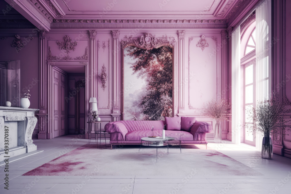 Fototapeta premium Classical style living room with purple walls, purple curtains, windows and furniture. High quality generative ai