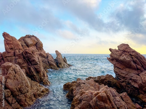 Costa Brava with rocks in the Mediterranean Sea, coastline between Sant Feliu de Guíxols and Tossa de Mar, Canyet de Mar, Girona, Spain