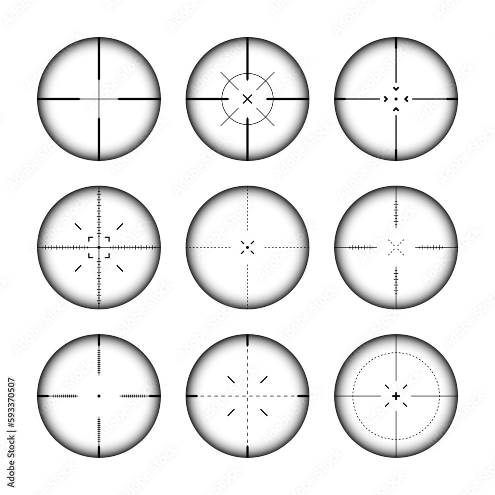 Various weapon sights, sniper rifle optical scopes. Hunting gun viewfinder with crosshair. Aim, shooting mark symbol. Military target sign, silhouette. Game interface UI element. Vector illustration Various weapon sights, sniper rifle optical scopes. Hunting gun viewfinder with crosshair. Aim, shooting mark symbol. Military target sign, silhouette. Game interface UI element. Vector illustration