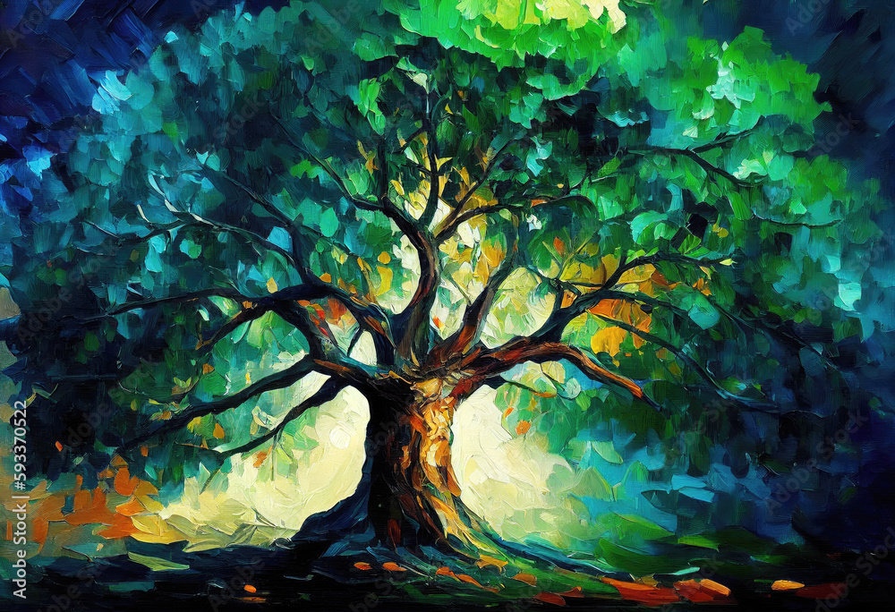 Green Summer Oak Tree Oil Painting. AI generative Green Summer Oak Tree Oil Painting. AI generative