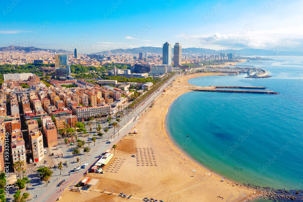 Aerial view of Ciutat Vella district with Barceloneta beach Spain