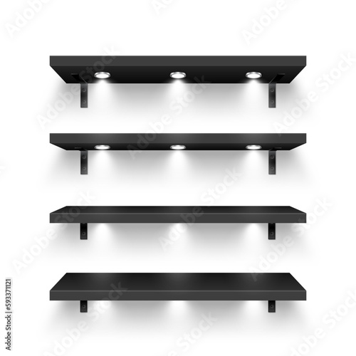 Realistic black store shelves with wall mount and lighting, spotlights. Empty product shelf, grocery wall rack. Mall and supermarket furniture, bookshelf. Modern interior design. Vector illustration