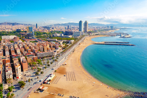 Aerial view of Ciutat Vella district with Barceloneta beach Spain photo