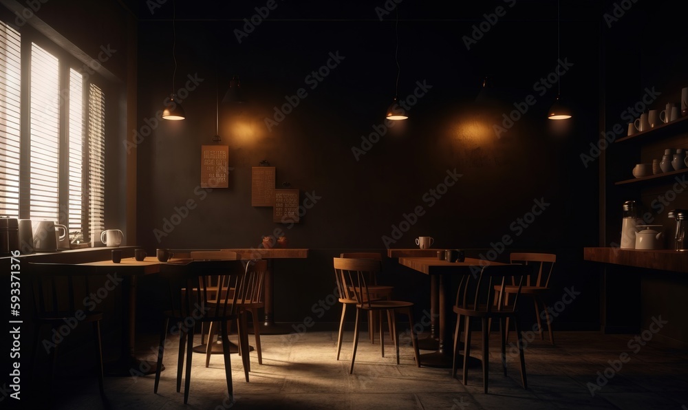  a dimly lit room with wooden chairs and a long table.  generative ai