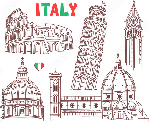 Italian architecture and landmarks - Colosseum, Tower of Pisa, St Peter's Basilica, St Mark's Campanile, Florence Cathedral. Vector drawing. Outline stroke is not expanded, stroke weight is editable