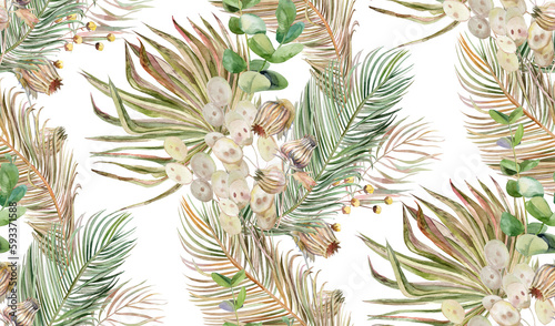 Botanical watercolor seamless pattern with bouquets of palm leaves and dry herbs for textile  © Марина Воюш