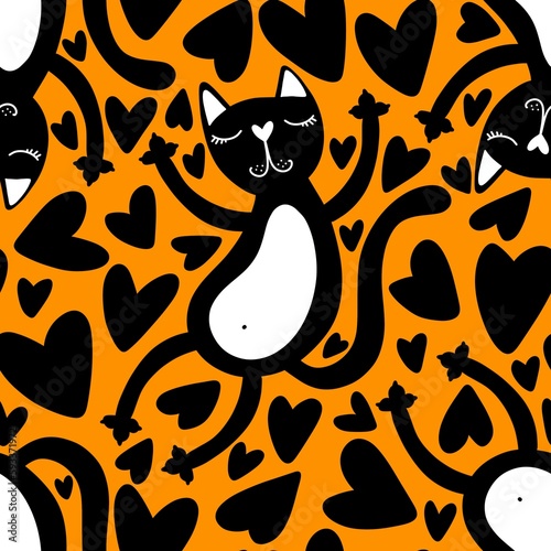 Halloween black cats seamless cartoon animals pattern for wrapping paper and fabrics and linens and kids