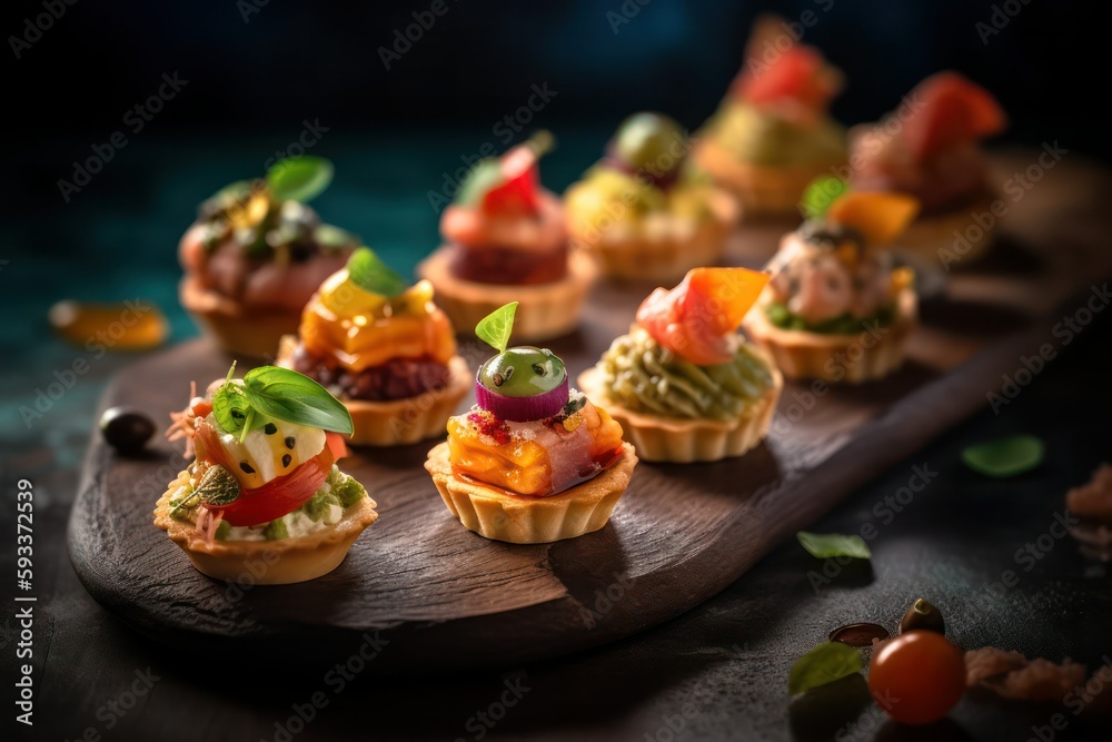 assortment of small ones. canapés with fruit and meat or fish filling on a wooden table. buffet. generative AI assortment of small ones. canapés with fruit and meat or fish filling on a wooden table. buffet. generative AI