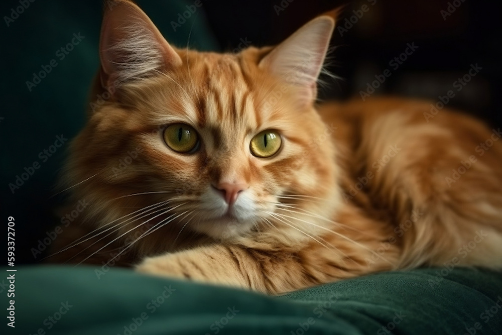 close up portrait of cute fluffy ginger cat lying on a green velvet couch sofa in an appartment living room- Generative AI close up portrait of cute fluffy ginger cat lying on a green velvet couch sofa in an appartment living room- Generative AI