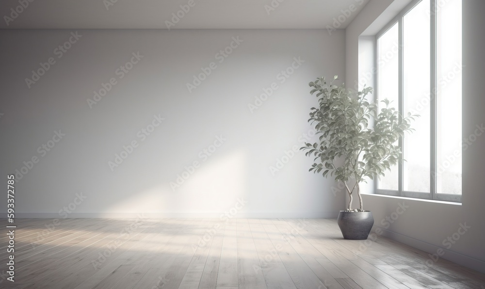 Fototapeta premium a white room with a potted plant next to a window. generative ai