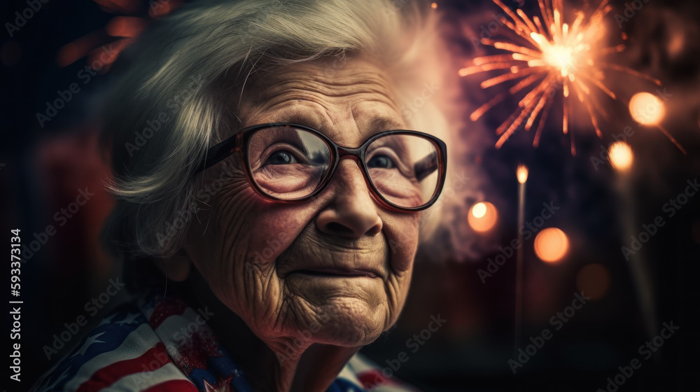 Happy elderly American woman celebrates US Independence Day created with generative AI technology Happy elderly American woman celebrates US Independence Day created with generative AI technology