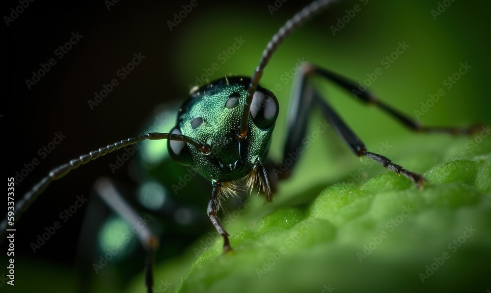  a close up of a green insect on a green leaf.  generative ai