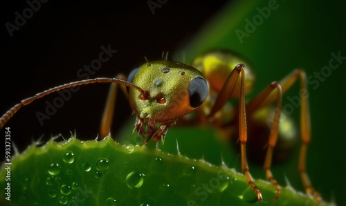  a close up of a bug on a green leaf with drops of water on it.  generative ai © Anna