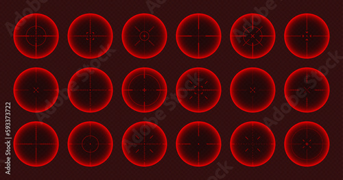 Various weapon thermal infrared sights, sniper rifle optical scopes. Hunting gun viewfinder with crosshair. Aim, shooting mark symbol. Military target sign. Game UI element. Vector illustration