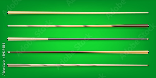 Various wooden billiard cues on green background. Snooker sports equipment. Vintage pool cue. Active recreation and entertainment. Vector illustration