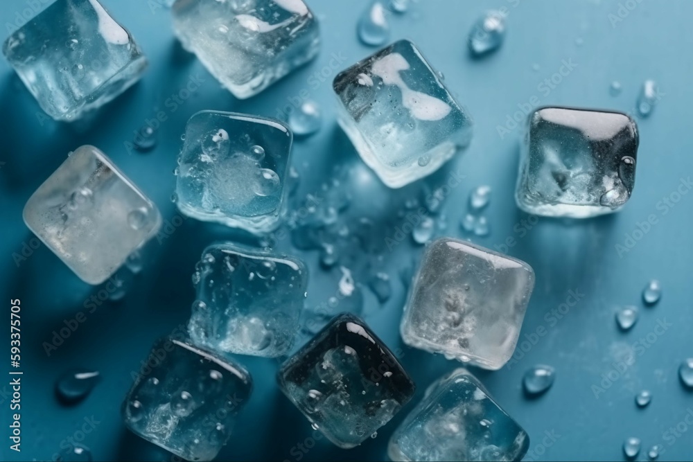 Top above overhead close up view photo of ice cubes with rain drops on light color backdrop. AI generative Top above overhead close up view photo of ice cubes with rain drops on light color backdrop. AI generative