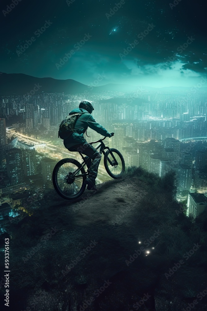 Naklejka premium Mountain Biker Soaring Above Cityscape. Generative AI.